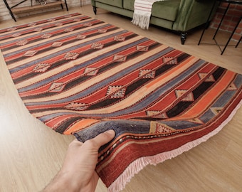 6x11 embroidered home decor kilim, striped  bedroom kilim , 5&#39;7&quot; X 11&#39;4&quot; Turkish area rug, D136N8802