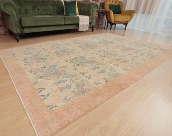 vintage floral pastel beige orange Area Rug, 5'8" x 9'3" Bedroom carpet  D78N6230