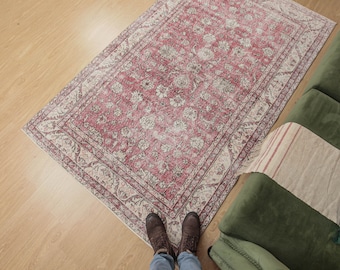 5x8 living room rug, red ivory dining room rug,5'1" X 8'2" , wool rug, D54N4192
