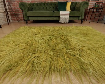 5x7 shaggy green yellow ug,  boho vintage area rug, 4'7" X 6'7" retro rug  D85N7018