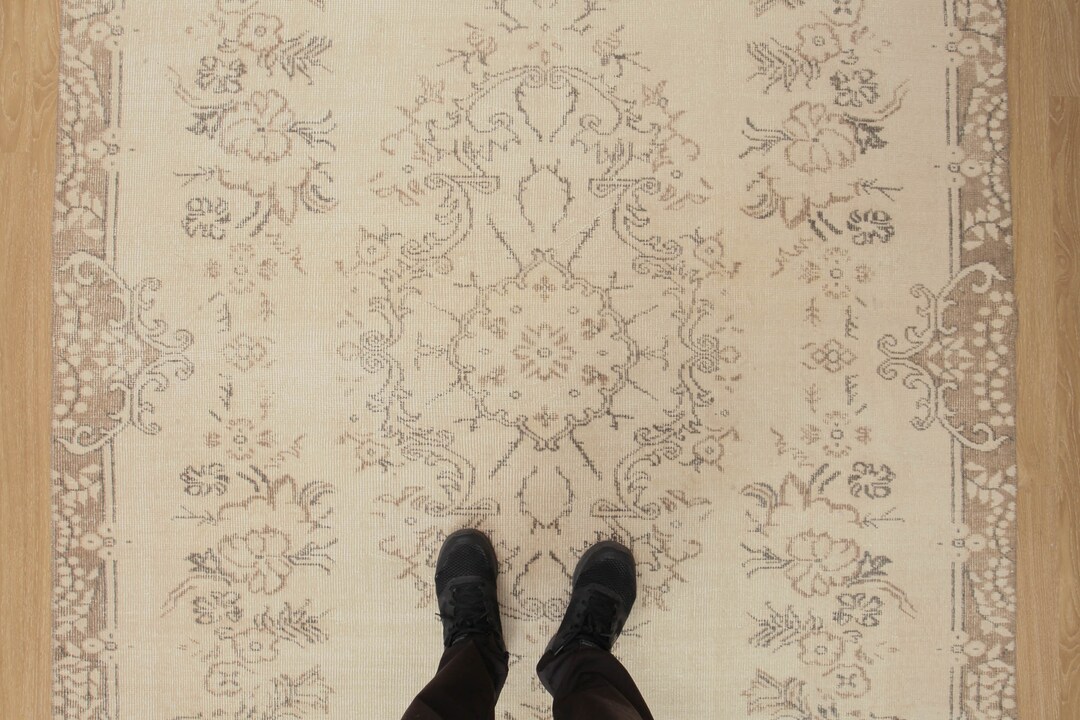 6x9 Ivory Brown Rug Living Room Rug Retro Area Rug Etsy