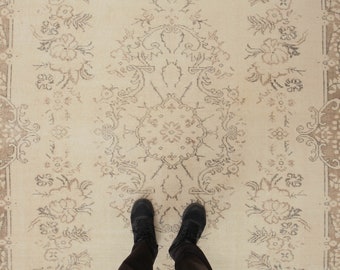 6x9 ivory brown rug,  living room rug, retro area rug, 5&#39;9&quot; X 9&#39;3&quot;  handmade rug, D83N6965