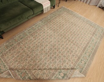 wool vintage living room rug, 6'5" X 9'10" distressed dining room carpet D101N8199