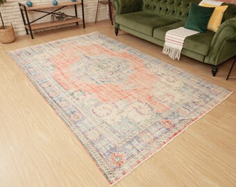 distressed bohemian bedroom rug, 6' X 9'5" vintage living room carpet  D140N9142