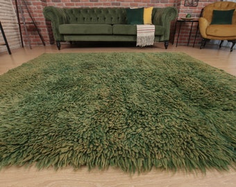 6x7 boho Tulu rug,  shaggy green rug,  vintage area rug, 6'3" X 7'5" retro rug  D77N6436