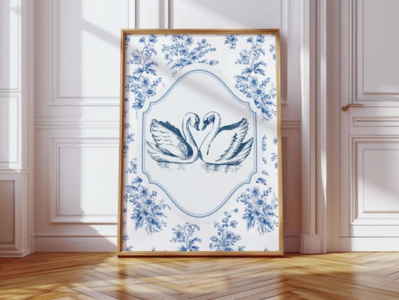 Floral Swan Print ,Vertical Illustration Print, Digital Downloadable Wall Art, Trendy Decor, vintage