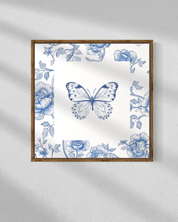 Vintage Floral Blue Butterfly Square Print, INSTANT Digital Downloadable Wall Art, Trendy Decor, illustration, Print on Demand,