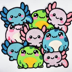 Axolotl & Frog Mochi Buddies Sew-On/Iron-on Patch: Kawaii Chubby Animal, Matte Thread