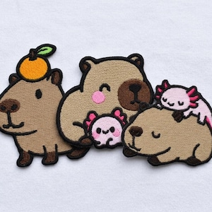 Kawaii Cute Capybara & Axolotl Besties Iron-On Patch Matte Thread