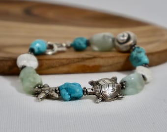 Turquoise Charm Bracelet: Seashore Turtle & Pearl Gemstone Bracelet