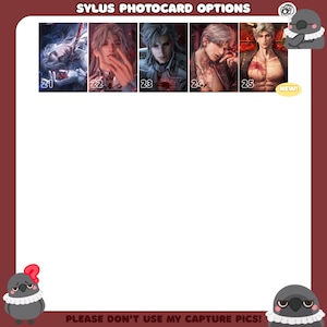 May include: A collection of five rectangular Sylus photocards labeled 21 through 25, featuring digital illustrations of a silver-haired character in various poses. The top text reads SYLUS PHOTOCARD OPTIONS and the bottom text reads PLEASE DON'T USE MY CAPTURE PICS!