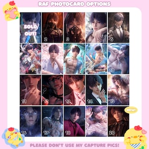 May include: A collection of twenty rectangular trading cards labeled RAF PHOTOCARD OPTIONS, each featuring a digital illustration of a male character with dark hair in various outfits and settings, numbered one through twenty with one marked SOLD OUT.