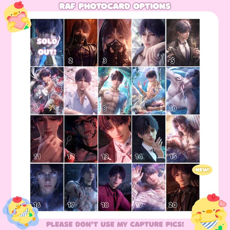 May include: A collection of twenty rectangular trading cards labeled RAF PHOTOCARD OPTIONS, each featuring a digital illustration of a male character with dark hair in various outfits and settings, numbered one through twenty with one marked SOLD OUT.