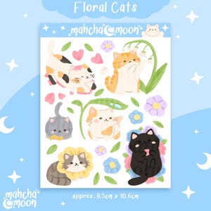 Feuille d'autocollants floraux pour chats | Adorables feuilles d'autocollants | Stickers esthétiques pour carnets, agendas de scrapbooking | Stickers déco