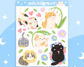 Floral Cats Sticker Sheet | Cute Sticker Sheets | Aesthetic Stickers for Journals, Planners Scrapbooking | Deco Stickers