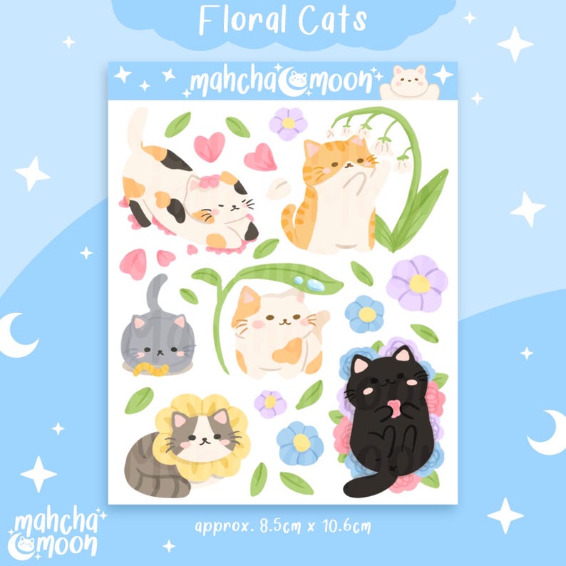 May include: A set of floral cat stickers featuring six different cats with various flower and leaf designs. The stickers are approximately 8.5 cm by 10.6 cm.