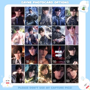May include: A grid of twenty Zayne photocard options featuring a male character in various outfits and settings, numbered 1 through 20. Each square displays a different digital illustration of the same character. Image 14 is marked with the text SOLD OUT.