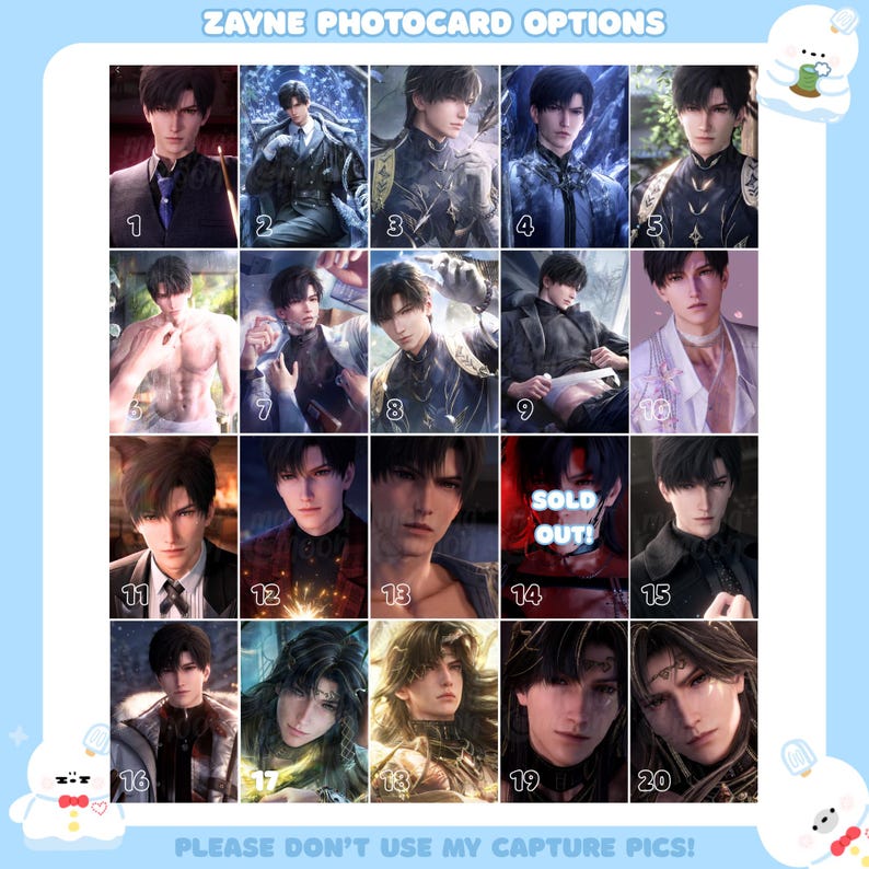 May include: A grid of twenty Zayne photocard options featuring a male character in various outfits and settings, numbered 1 through 20. Each square displays a different digital illustration of the same character. Image 14 is marked with the text SOLD OUT.