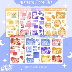 May include: A set of 10 aesthetic floral sticker sheets featuring various designs, including flowers, folders, cassette tapes, and a camera. The stickers are approximately 8.5 cm by 10.6 cm.