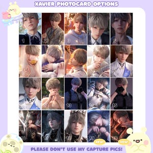 May include: A grid of twenty distinct digital portraits featuring a character with short silver hair, labeled Xavier Photocard Options. The images display various outfits, poses, and lighting styles, with the text Please Don't Use My Capture Pics at the bottom.