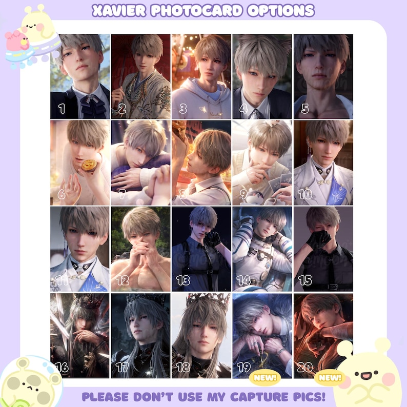 May include: A grid of twenty distinct digital portraits featuring a character with short silver hair, labeled Xavier Photocard Options. The images display various outfits, poses, and lighting styles, with the text Please Don't Use My Capture Pics at the bottom.