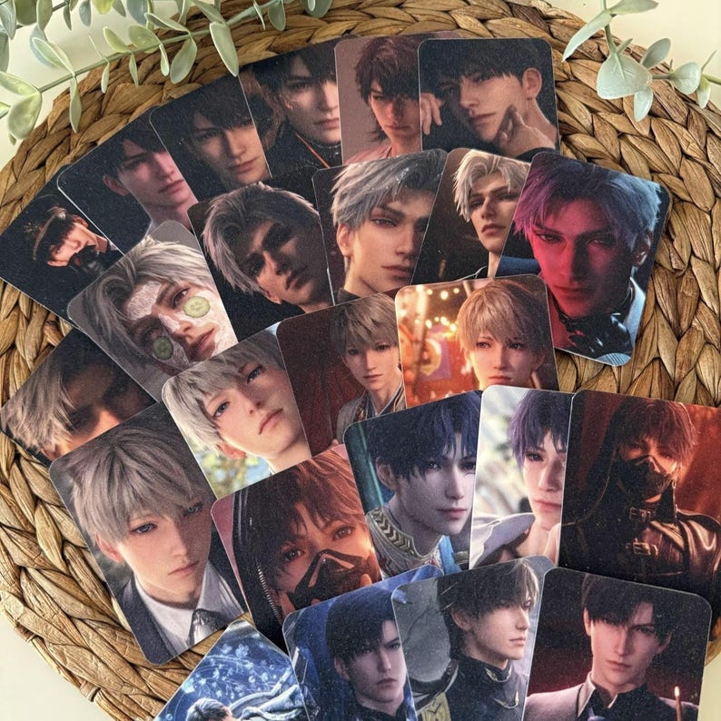 May include: A collection of square trading cards featuring various digital illustrations of young men with diverse hairstyles and expressions, including some characters wearing masks, all arranged in a overlapping pile.