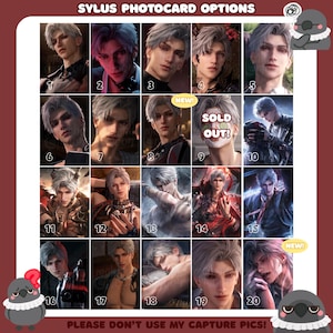 May include: A grid of twenty numbered photocard options featuring a character with silver hair. The text SYLUS PHOTOCARD OPTIONS appears at the top, and PLEASE DON'T USE MY CAPTURE PICS is at the bottom. Option nine is marked with a SOLD OUT label.