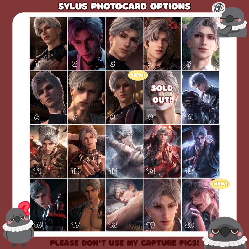 May include: A grid of twenty numbered photocard options featuring a character with silver hair. The text SYLUS PHOTOCARD OPTIONS appears at the top, and PLEASE DON'T USE MY CAPTURE PICS is at the bottom. Option nine is marked with a SOLD OUT label.