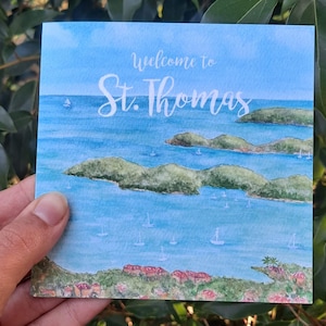 Livreto de boas-vindas da St. Thomas USVI - Mapa em aquarela - Itinerário - Nota de agradecimento - Dicas sobre a ilha