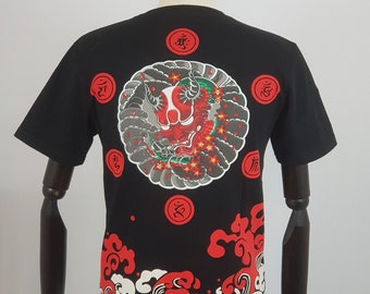 Black and red t-shirt with wave pattern and Japanese Oni demon with snake