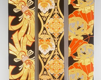 Obi vintage 1980s Japanese kimono belt with festive patterns and black and gold fan, traditional kitsuke japan