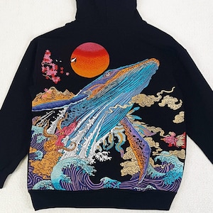 Black Whale & Swallows embroidered pattern hoodie, Japan inspiration sweatshirt pullover