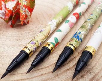 Japanese Calligraphic Ink Pen with Chiyogami Paper Decoration with Green & White Patterns - Set J