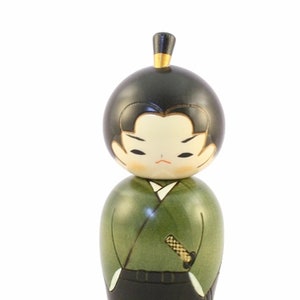 Wooden Kokeshi doll Young Samurai figurine Japan green and black handmade artisanal
