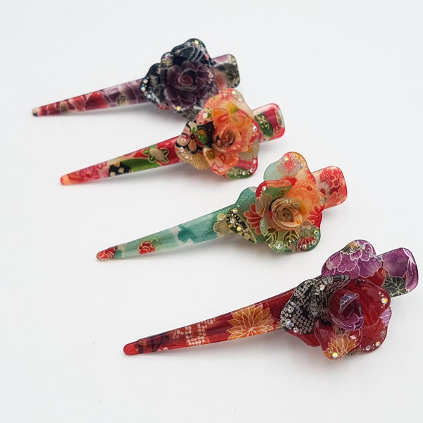 Large Japanese hair flower clip with chirimen fabric and resin