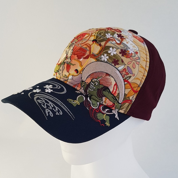 Casquette brodée réglable à motif japonais divinité du vent Fujin Navy & Bordeaux, tissu japonais Japon tatouage baseball cap
