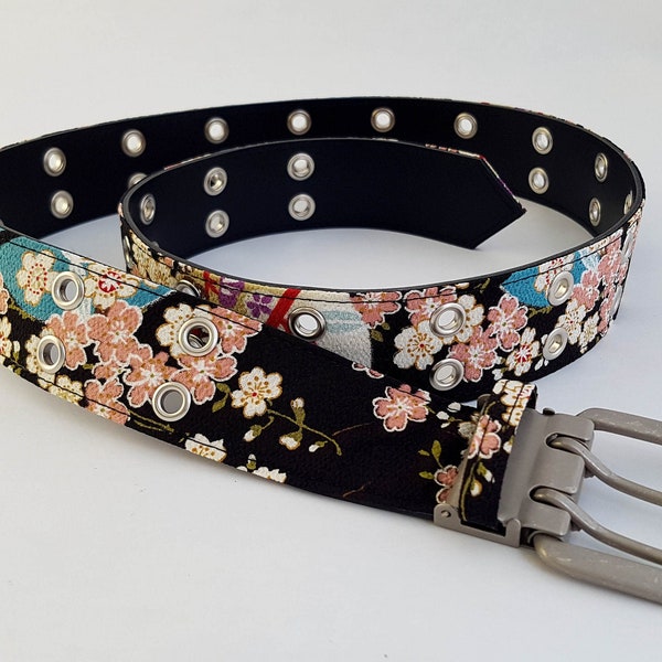 Ceinture japonaise Noir & Rose/Rouge tissu Chirimen de Kyoto