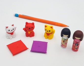 Japanese erasers Iwako set of 7 pieces kokeshi and cats, 3D puzzle erasers handmade in Japan