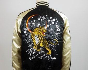 Giacca bomber Sukajan - motivo ricamato Gold & Black Tiger - Giappone, raso, tigre, nero, giacca giapponese, yakuza, moda giapponese, orsacchiotto