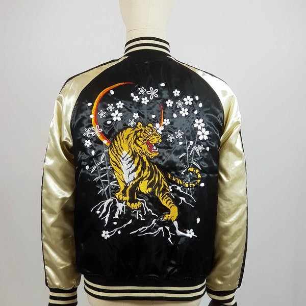 Sukajan bomber jacket - Gold & Black Tiger embroidered pattern - Japan, satin, tiger, black, japanese jacket, yakuza, japanese fashion, teddy