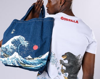 T-shirt blanc Godzilla Waves style estampe Ukyo-e Hokusai