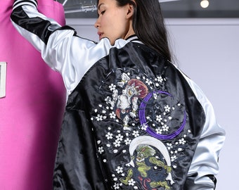 Veste Bombers Sukajan en satin motif brodé Divinités Raijin et Fujin Blanc & Noir