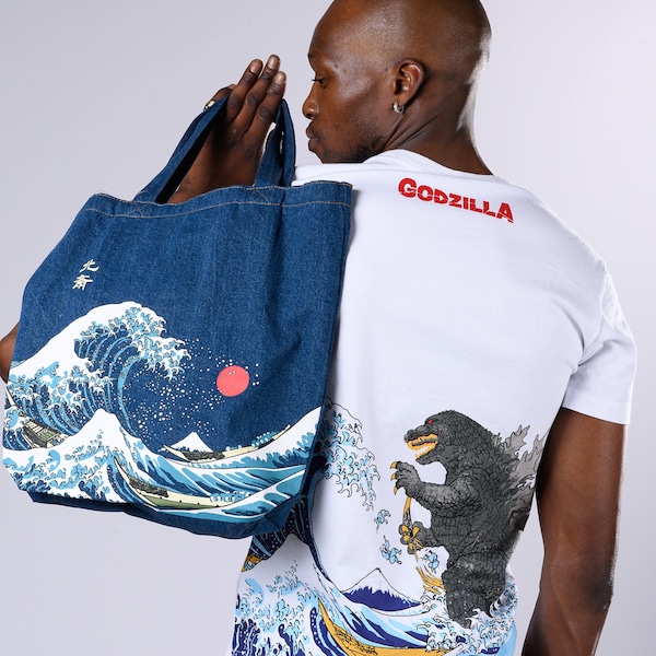 White Godzilla Waves Ukyo-e Hokusai print style t-shirt