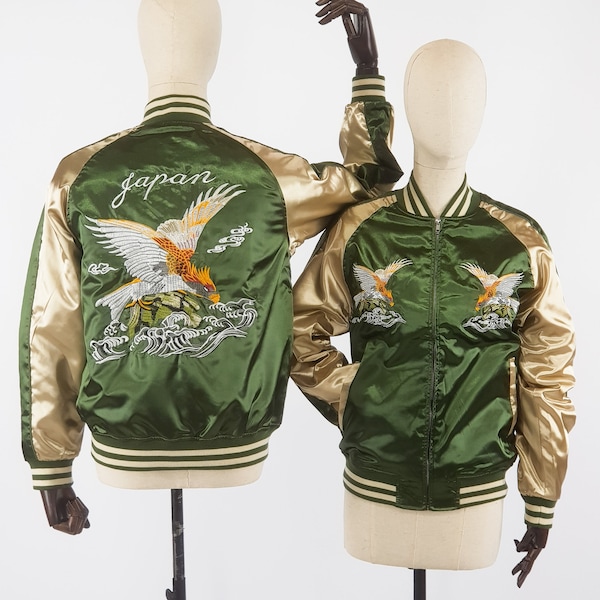 Padded Bombers sukajan jacket Embroidered pattern Eagle Gold & Green