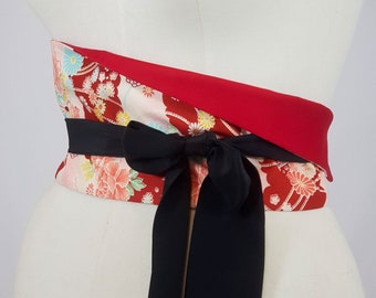 Ceinture japonaise en coton réversible motifs Hana Rouge