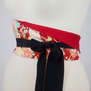 Japanese reversible cotton belt with Hana patterns Red
