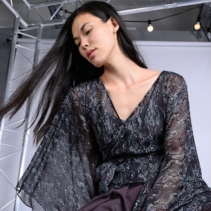 Long-sleeved voile wrap top inspired by Black Snake printed kimonos AOI Clothing