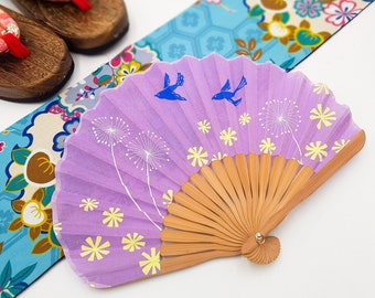 Eventail japonais en Bambou et tissu coton motif Tsubame Hirondelle Violet