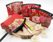 Japanese pouch kit Red 100 imitation cotton leather and floral pattern, zippered pouch made in Japan