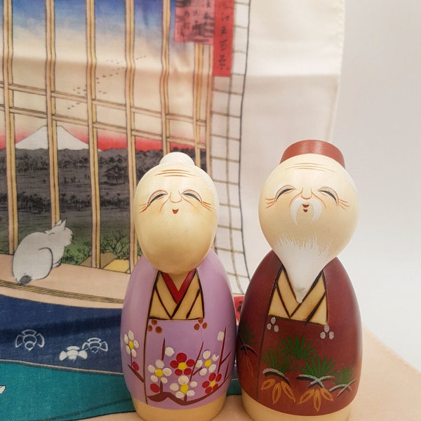 Poupée Kokeshi en bois peint Jufuku figurine couple Japon couple fait main artisanal